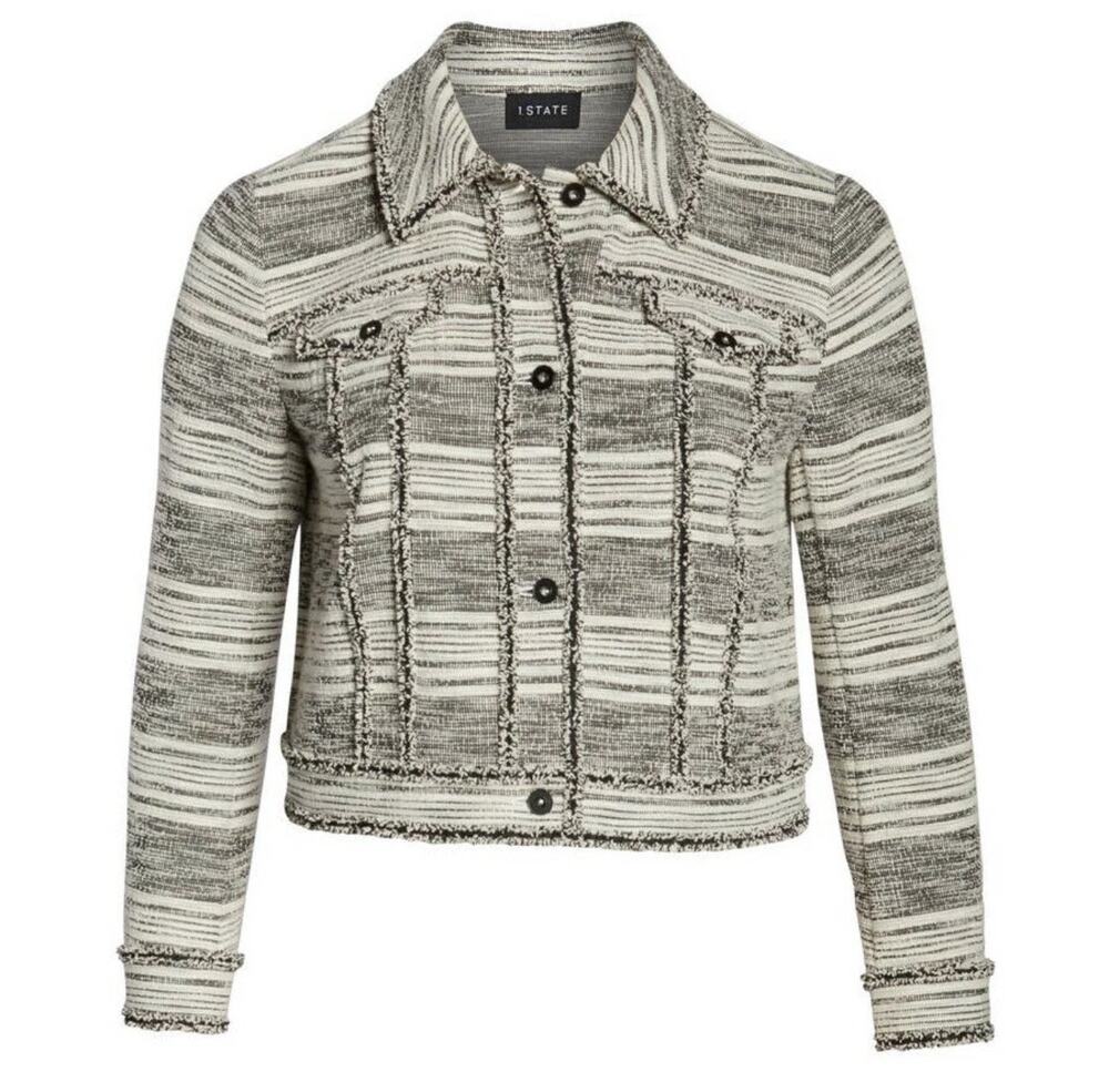 1.STATE Women’s Black and White Fringe Trim Tweed Jacket, Size S, #1045